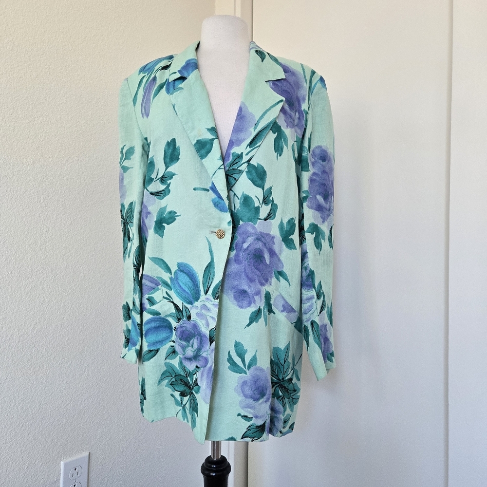Vintage HANAE MORI Boutique Blazer Size 10 Longer Jacket Linen Floral Print‎ 80s